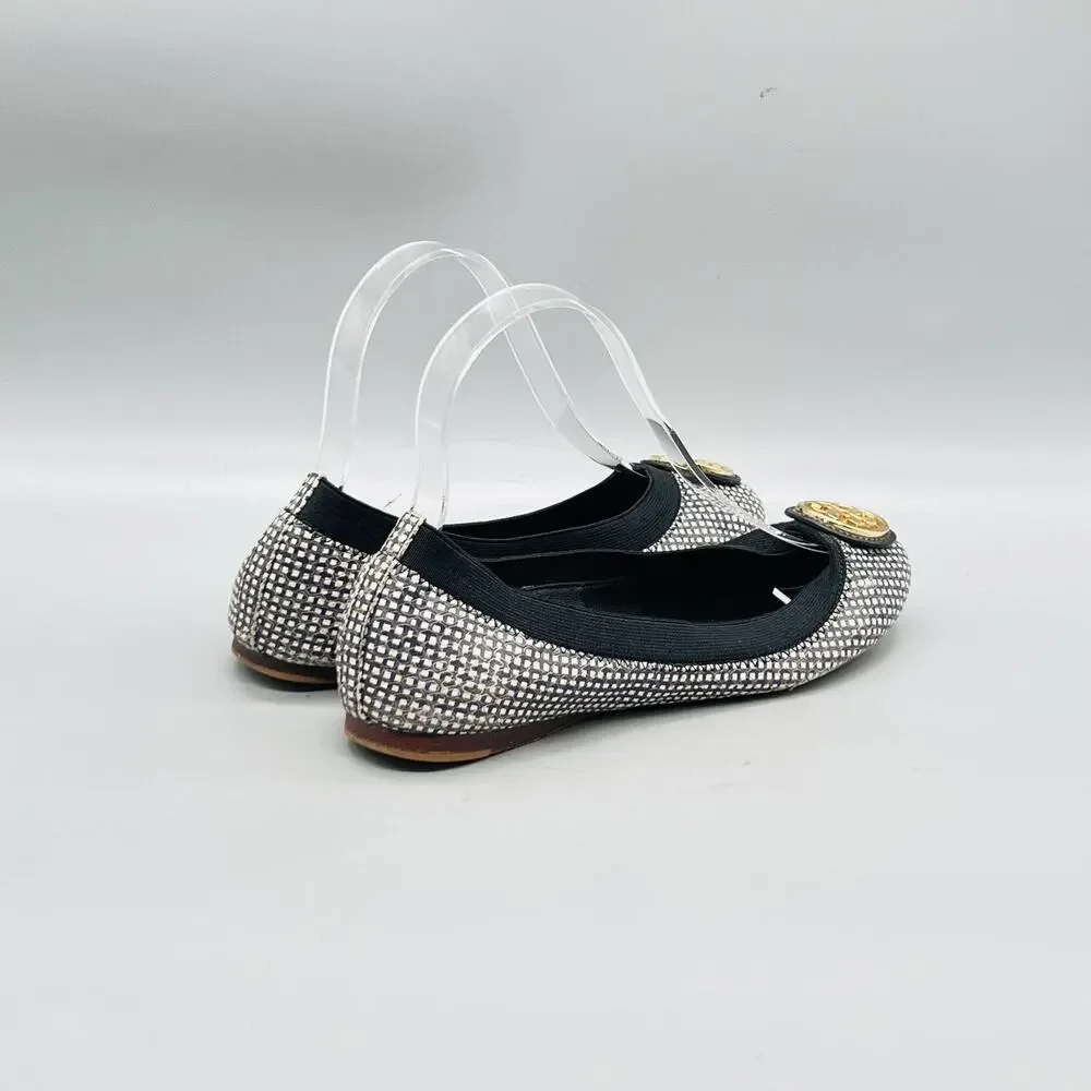 Tory Burch Shoes Womens 6 Silver Leather Check Logo Ballet Flats Slip On Party
